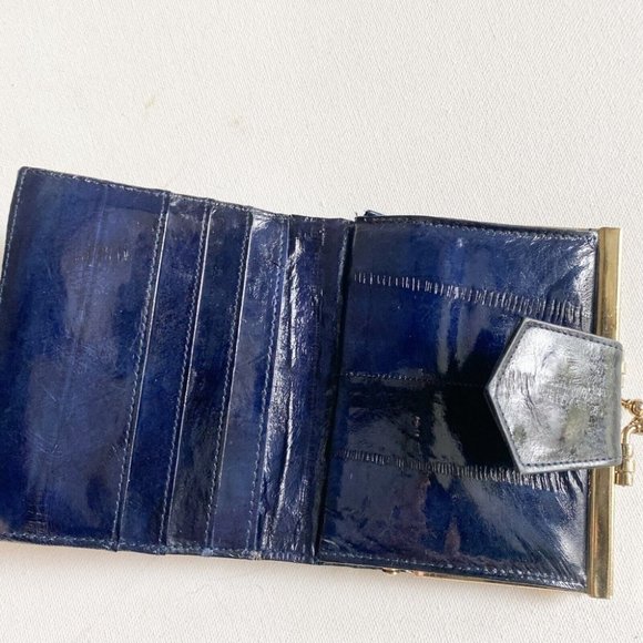 Vintage Navy Blue Eel Skin Buttery Soft Small Square Bifold Wallet - Picture 3 of 6